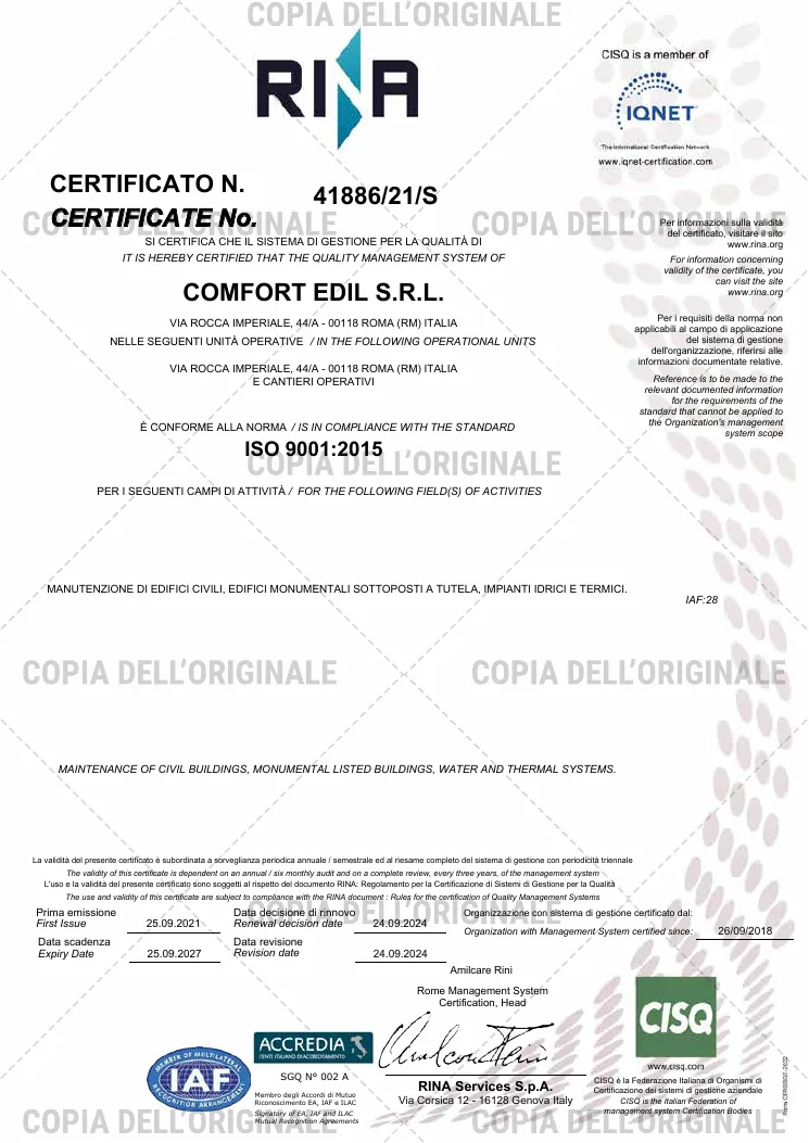 Anteprima del certificato ISO 9001