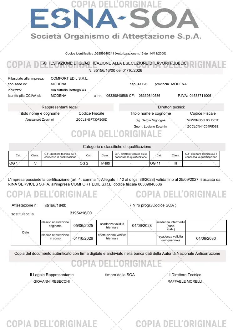 Anteprima dell'attestazione SOA